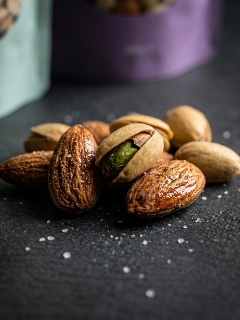 Close-up of salted pistachios and almonds