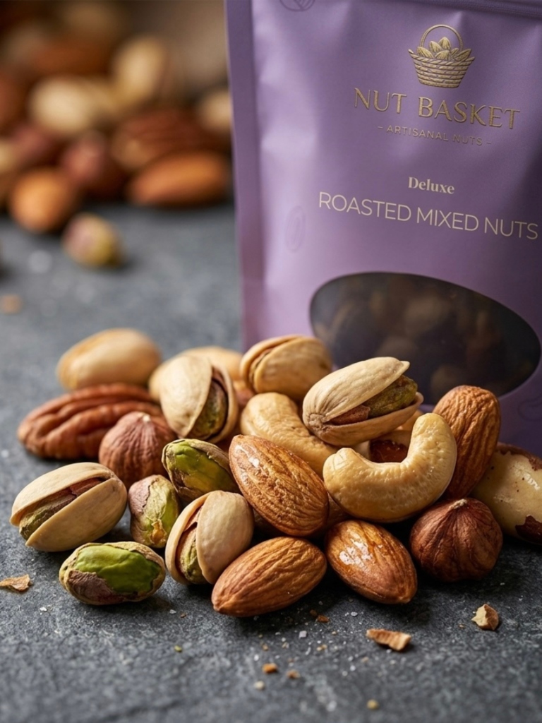 Nut Basket Deluxe Roasted Mixed Nuts package with fresh nuts